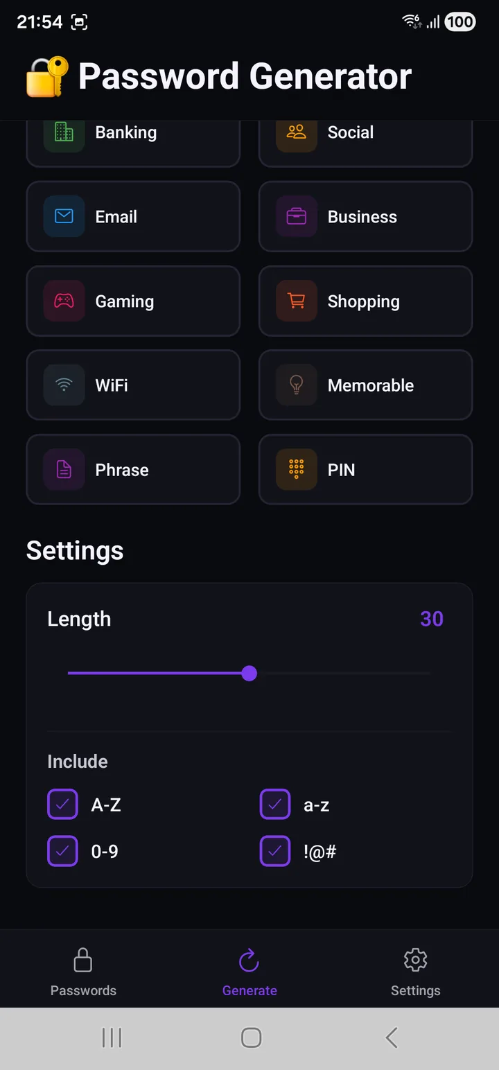 The generator settings