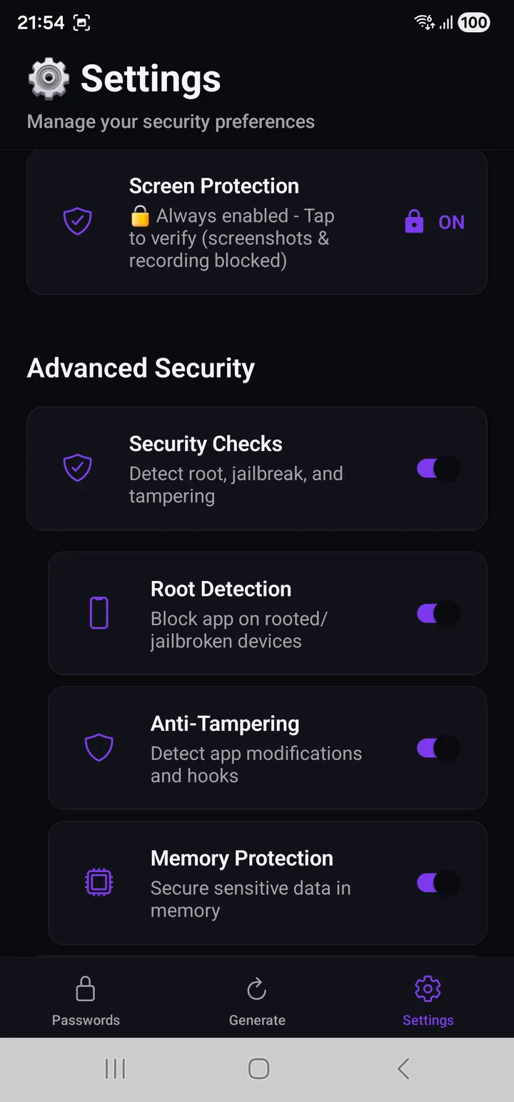 The Advanced Security section