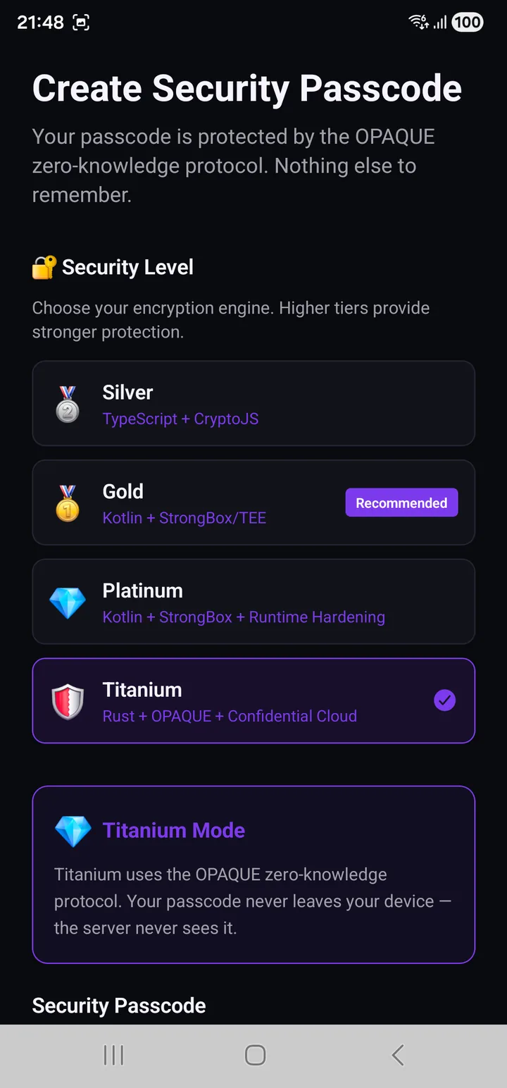 Choosing a tier while creating your passcode