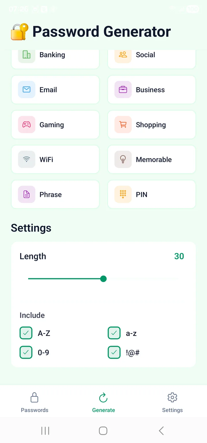 The generator settings