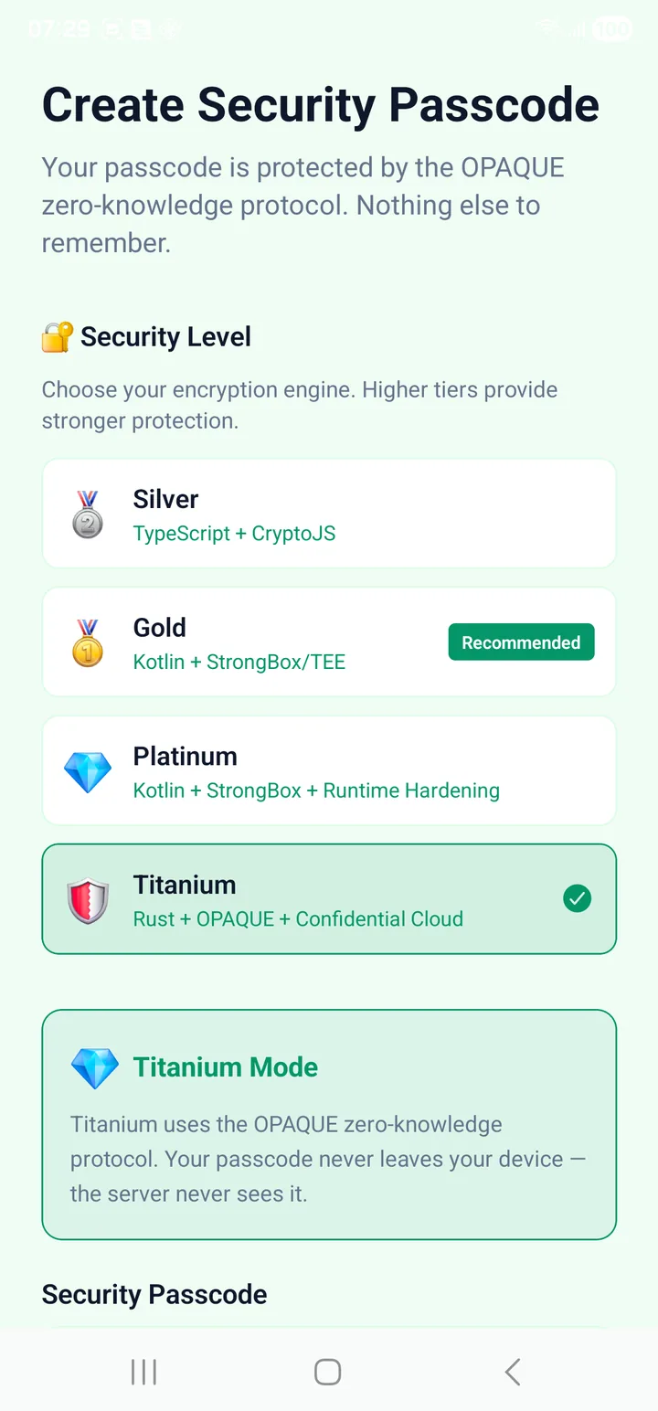 Choosing a tier while creating your passcode