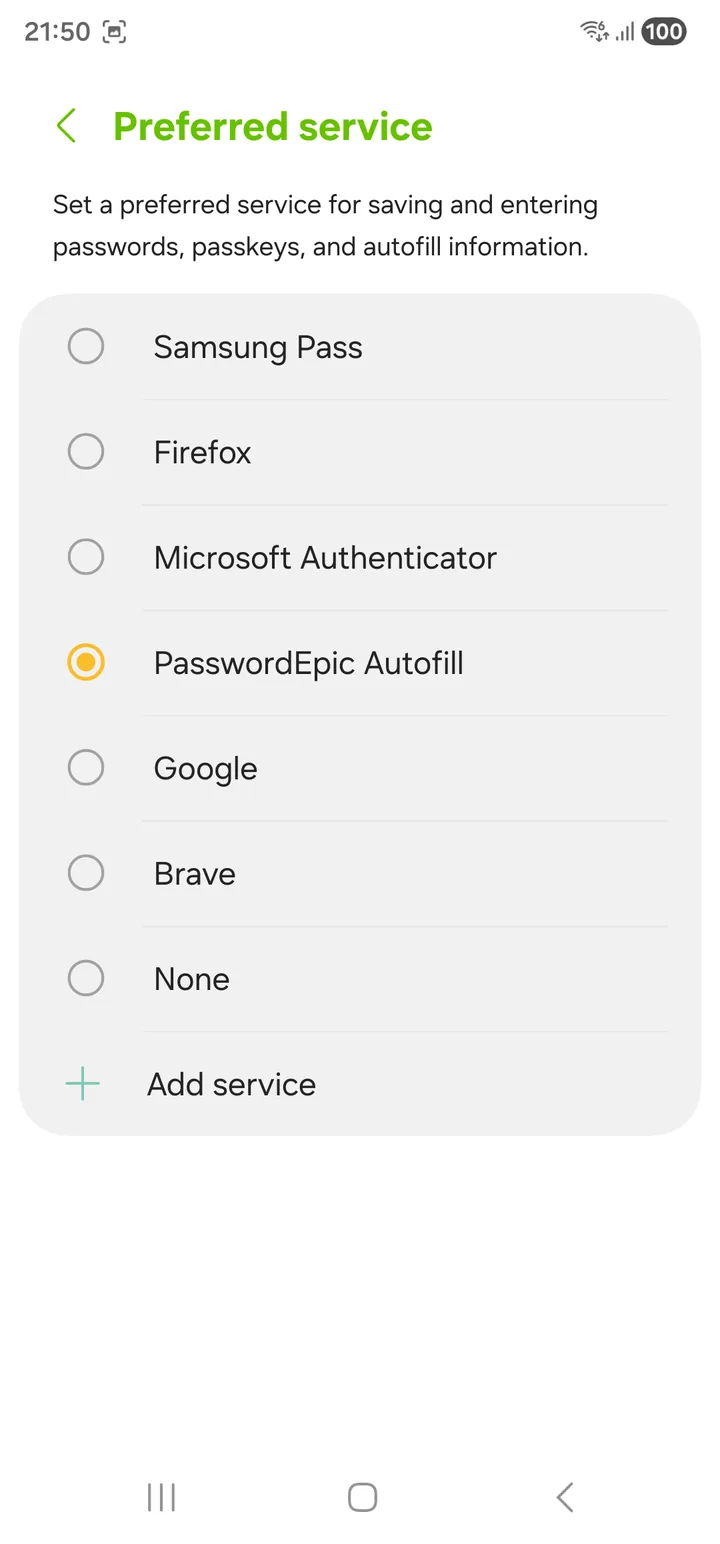 Màn hình chọn dịch vụ tự động điền của Android